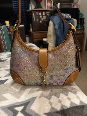 Coach Multicolor Logo Canvas Shoulder Bag with Tan Leather Trim